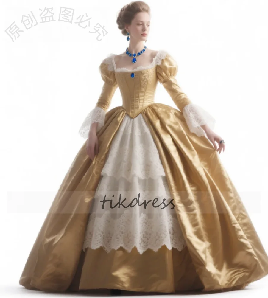 Historical Bustle Gold Evening Dress Long Sleeve Lace Victorian Prom Dress Enchanting Baroque Costume Stage Performance Formal