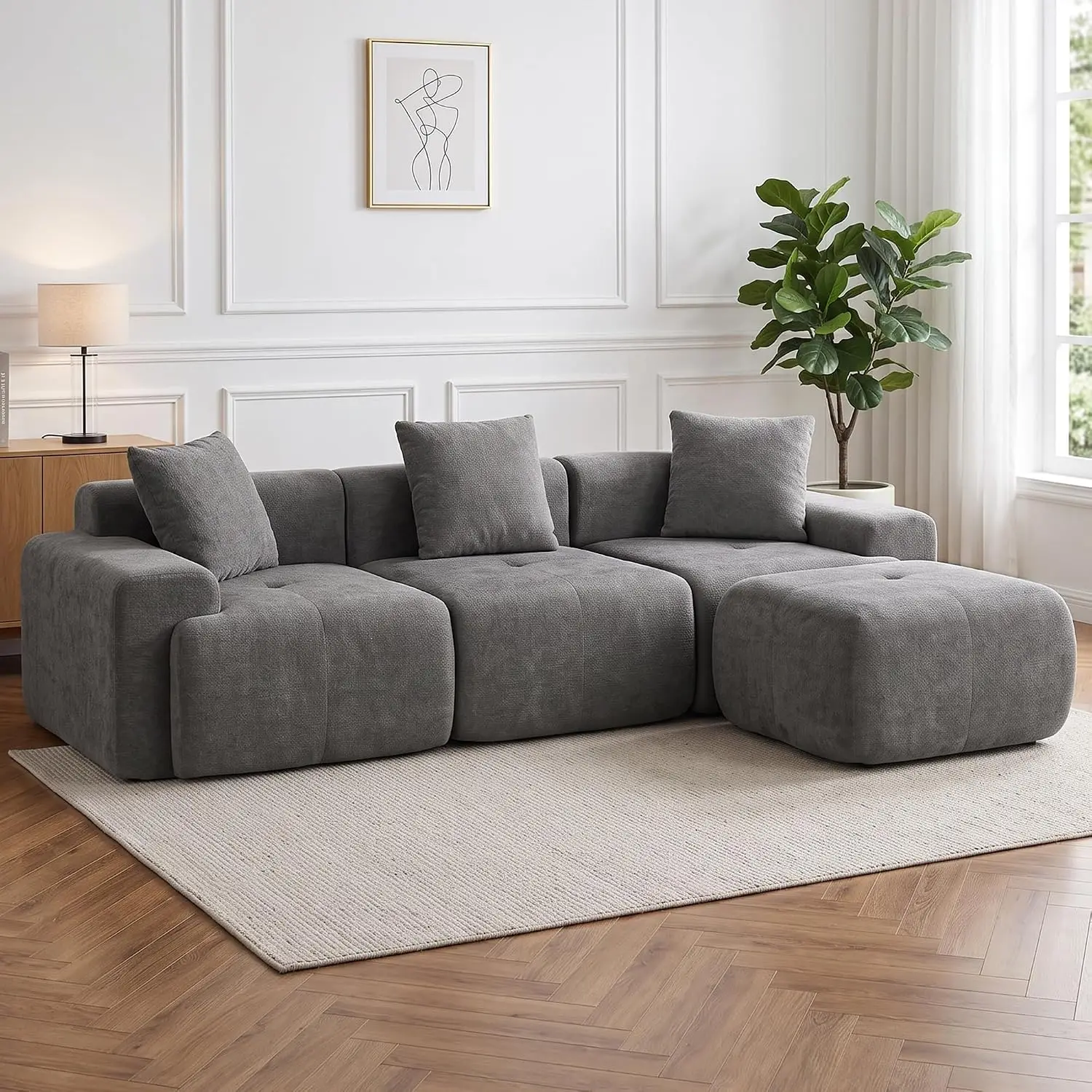 L-Shape Modular Sectional Sofa with Ottoman, Fabric Upholstery, 105 Inch Living Room Furniture, Customized