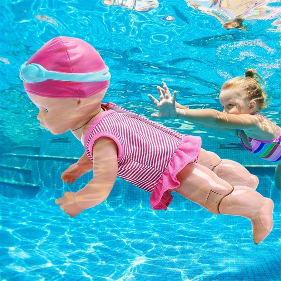 Schwimmende Baby puppe mit Schwimm flosse und Schutzbrille, batterie betriebene Schwimm puppe mit beweglichem Gelenk, wasserdichte Bades pielzeug badewanne