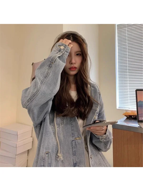 Loose Long Sleeve Denim Jacket Women's Trendy Hooded Coat Autumn Winter plus Size Casual Fashion Polyester Fiber Zipper Design