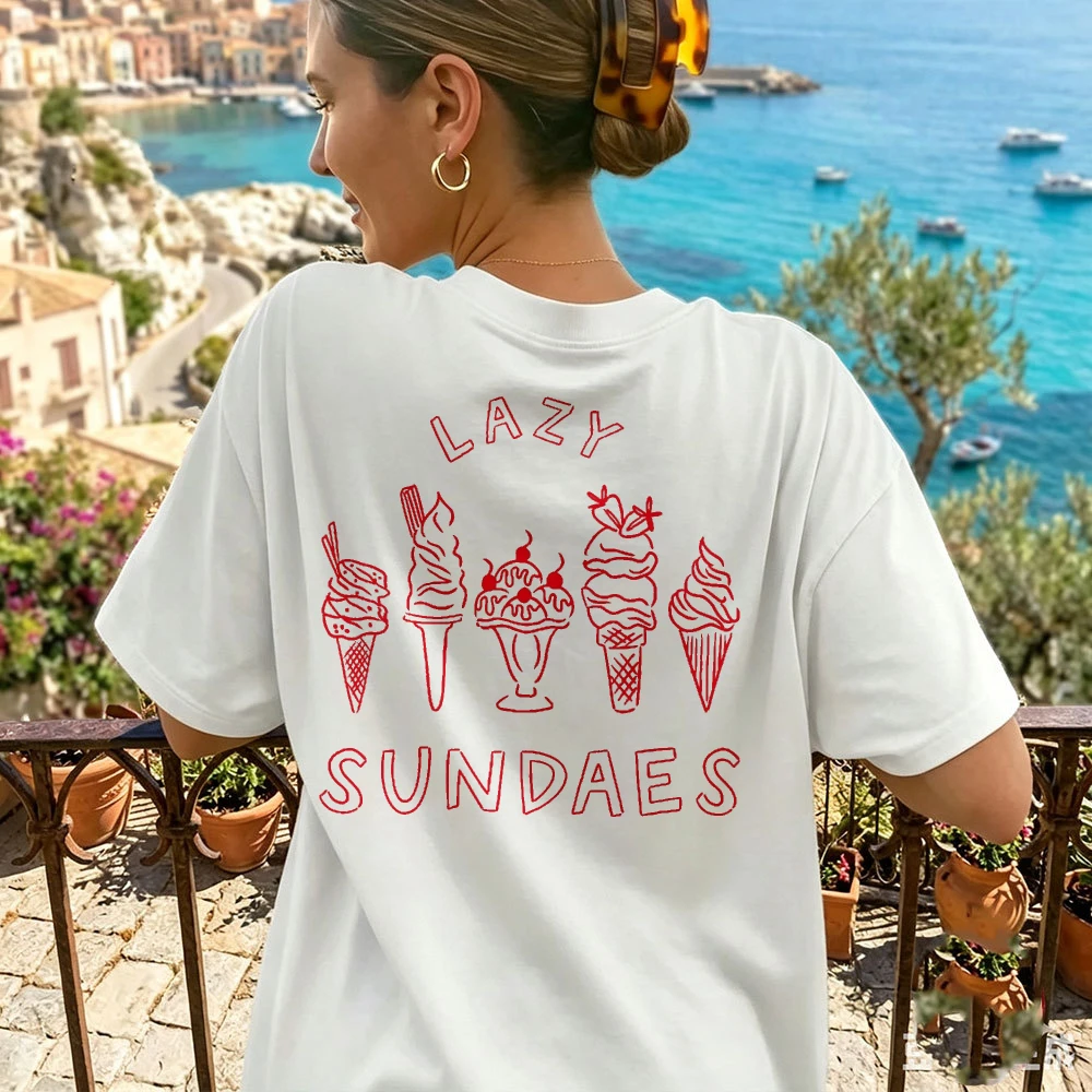 Oversized White T-Shirt With Red Outline Ice Cream And Sundae Illustrations Lazy Sunday Text Short Sleeve Crew Neck