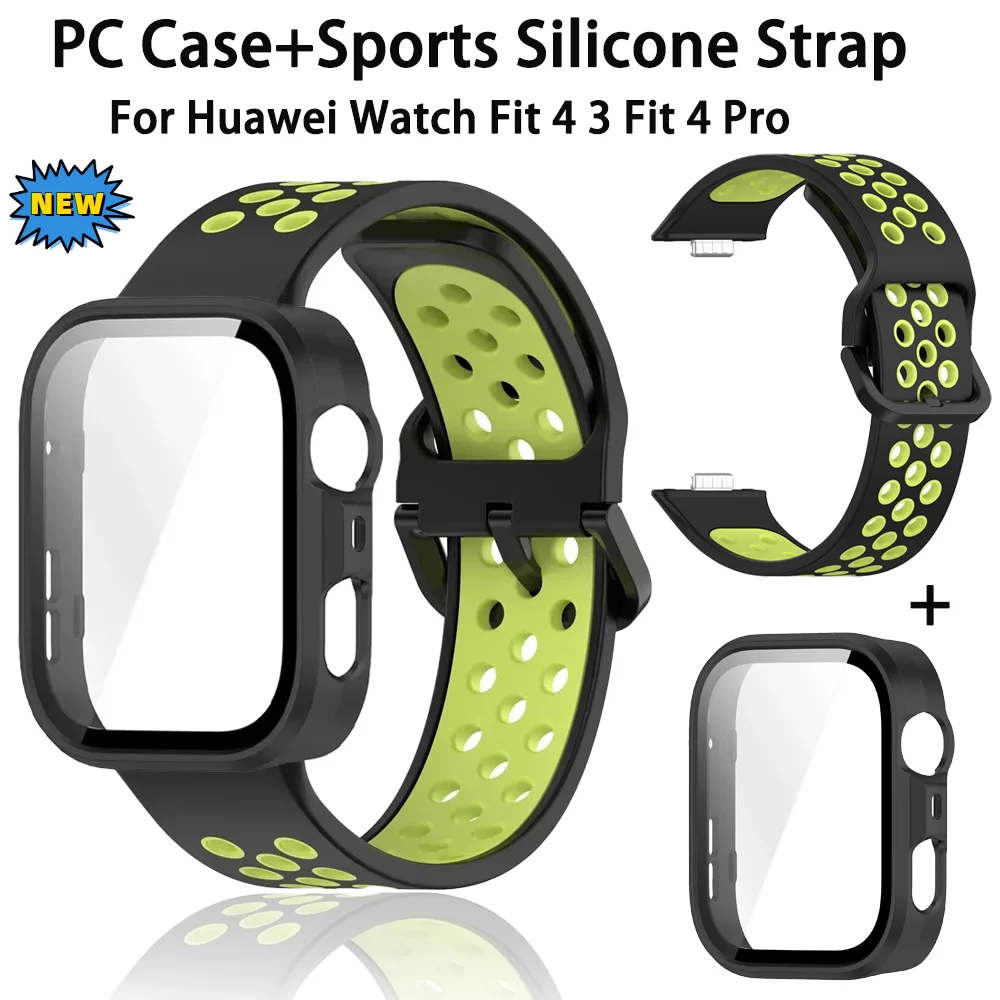 PC-Gehäuse + Silikonarmband für Huawei Watch Fit 4 3 HD-Displayschutzfolie aus gehärtetem Glas, Gehäuseband, Huawei Fit 4 Pro-Armband, Correa