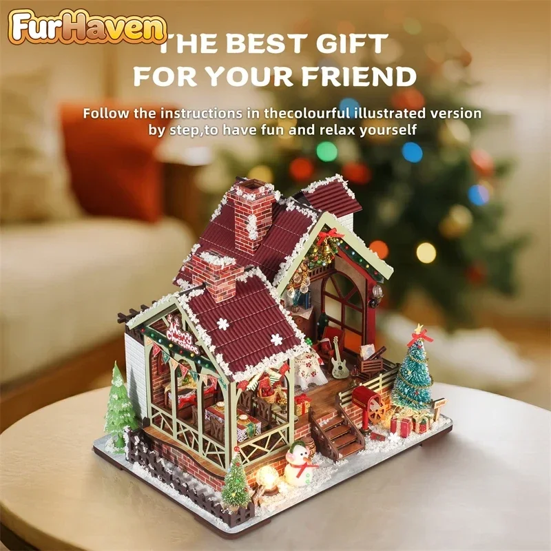 FurHaven Warm Christmas Lodge Casa DIY Wooden Doll Houses Miniature Model Kits Dollhouse with LED Lights for Friends Gifts