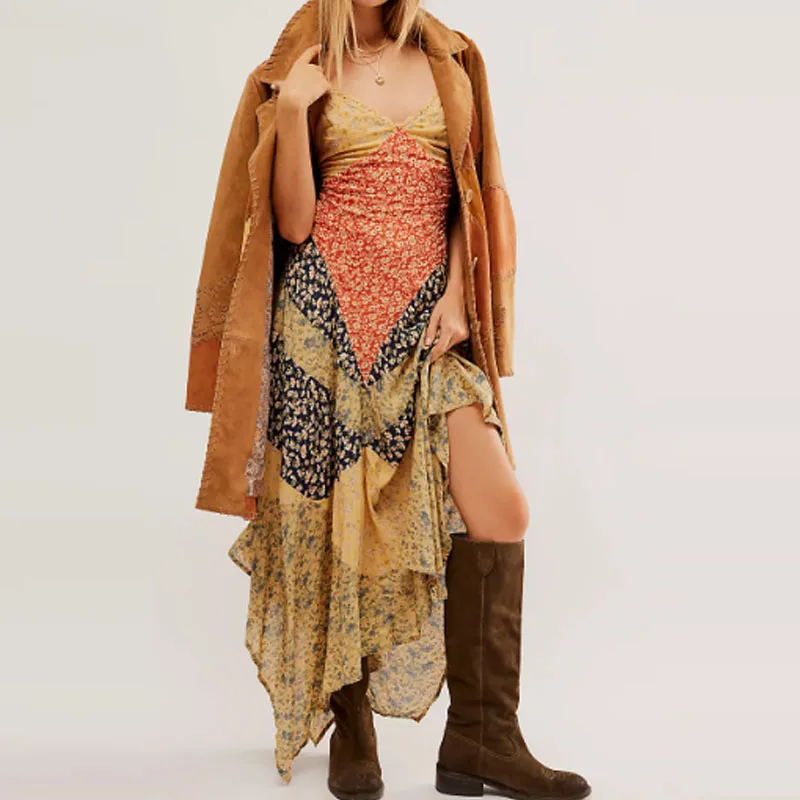 Sexy decote em v sem mangas magro bohe vestido de férias vintage sem costas plissado impressão vestido longo elegante irregular vestido de festa feminino