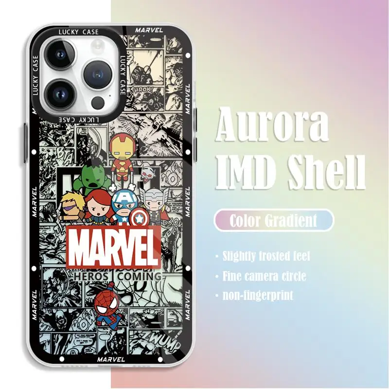 Cartoon Marvel Avengers Heros for iPhone 15 14 13 12 11 pro Max XS XR X 7 8 Iridescent Laser Clear Gradient Matte Phone Case