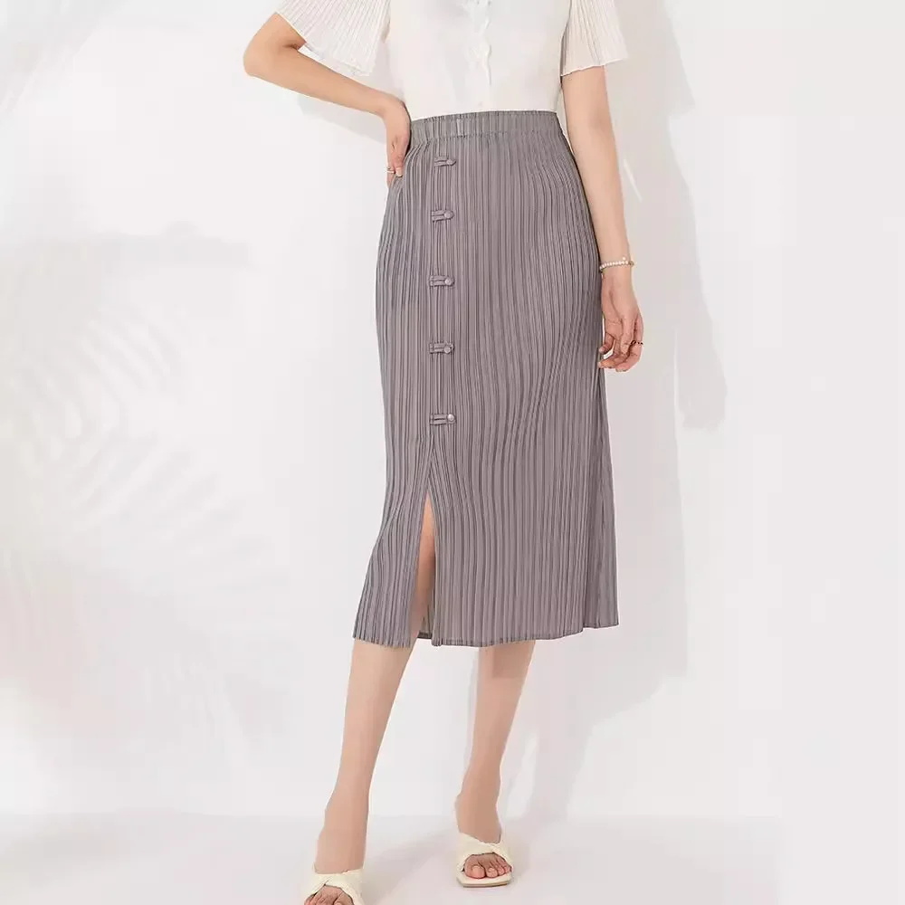 

Miyake Pleated 2024 Summer New Chinese Style Buckle Skirt Temperament Versatile Slit Retro Solid Color Pleated Skirt for Women