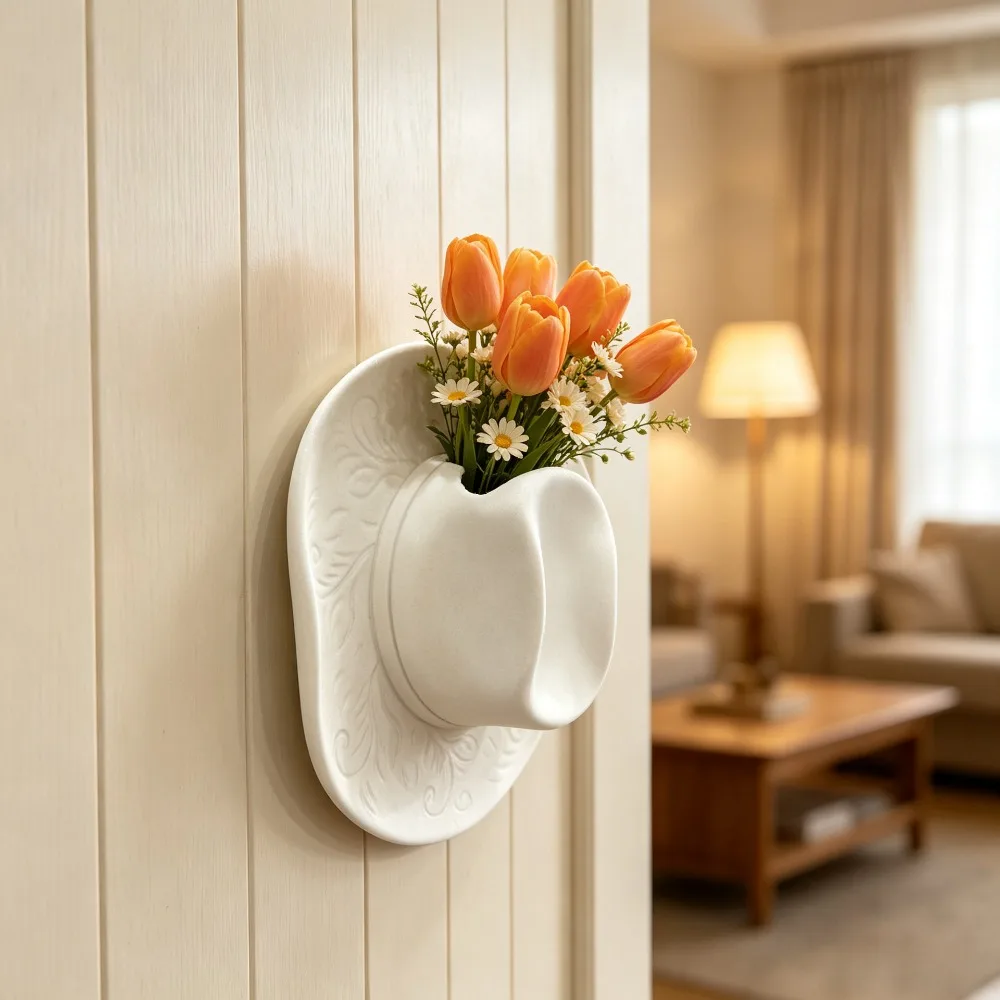 Cowboy Hat Shape Wall Mounted Vase Resin Wall Hanging Flower Vase Boho Home Wall Art Decor for Dried Flowers