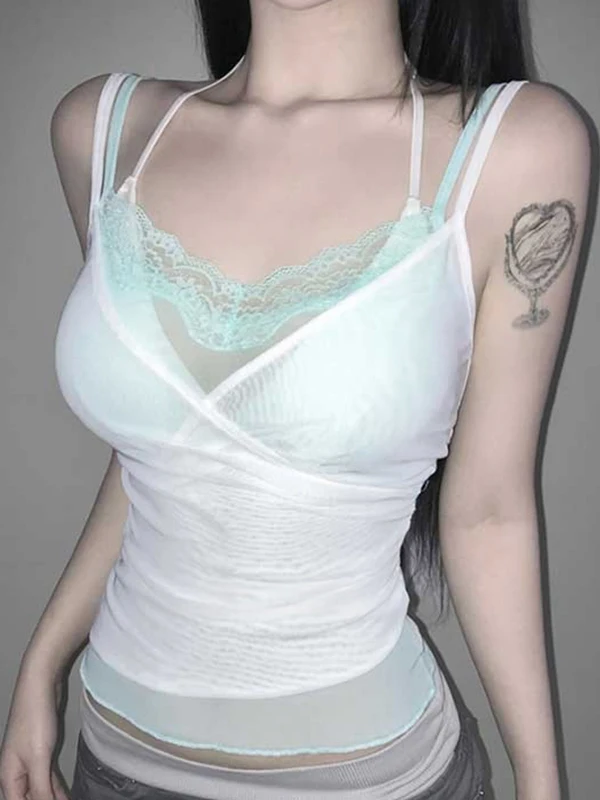 Dongda Gate Sexy Color Block Lace Mesh Slimming Vest Women's Top Pure Desire Style Short Knitted Pullover Summer 2026