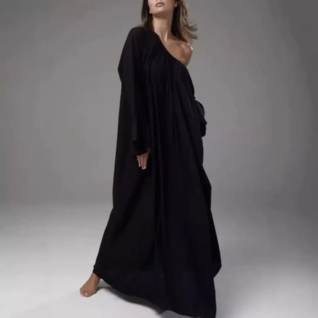 Vestido feminino estilo preguiçoso cor sólida vestido solto elegante vestido maxi casual para todas as estações