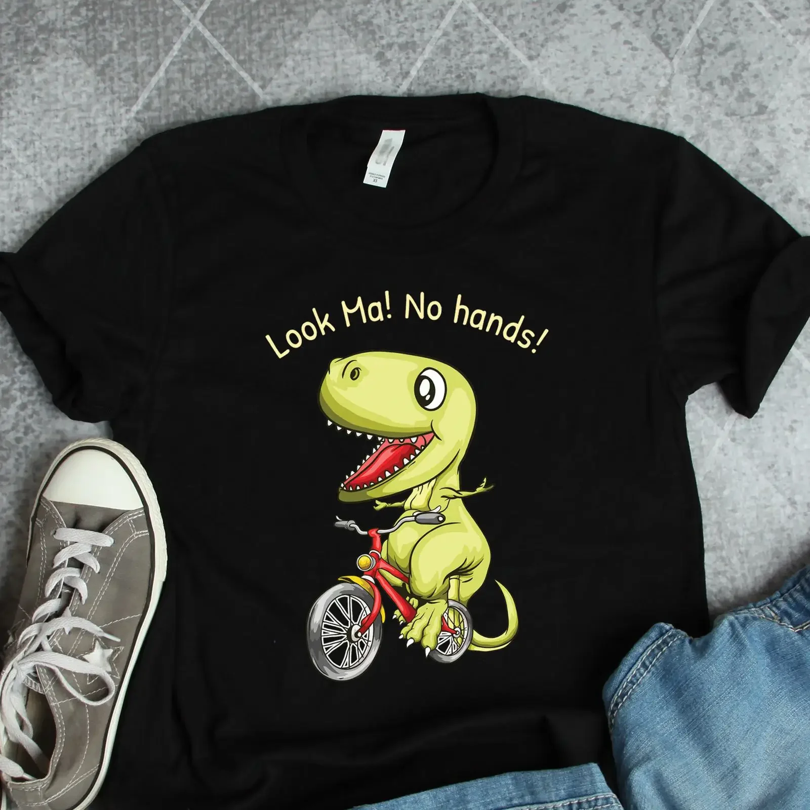 T Rex Riding Bike Look Ma No Hands Shirt Short Arms Dinosaur s Art vintage Washed fashion streetwear graphic Comfortable