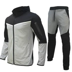 Men's Autumn-Winter Full Set with Hood Sports Jacket ,Sweatshirt Long Sleeves Pants Color-blocked Open Cardigan TightHoodie Suit