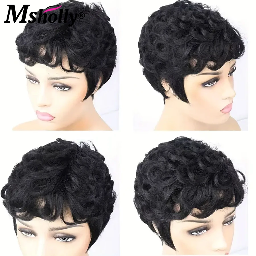 Kurze Perücke Pixie Cut Curly Wave Echthaar Perücken 180% Dichte für schwarze Frauen volle Maschine gemacht kurze lockige Haar Perücke mit Pony