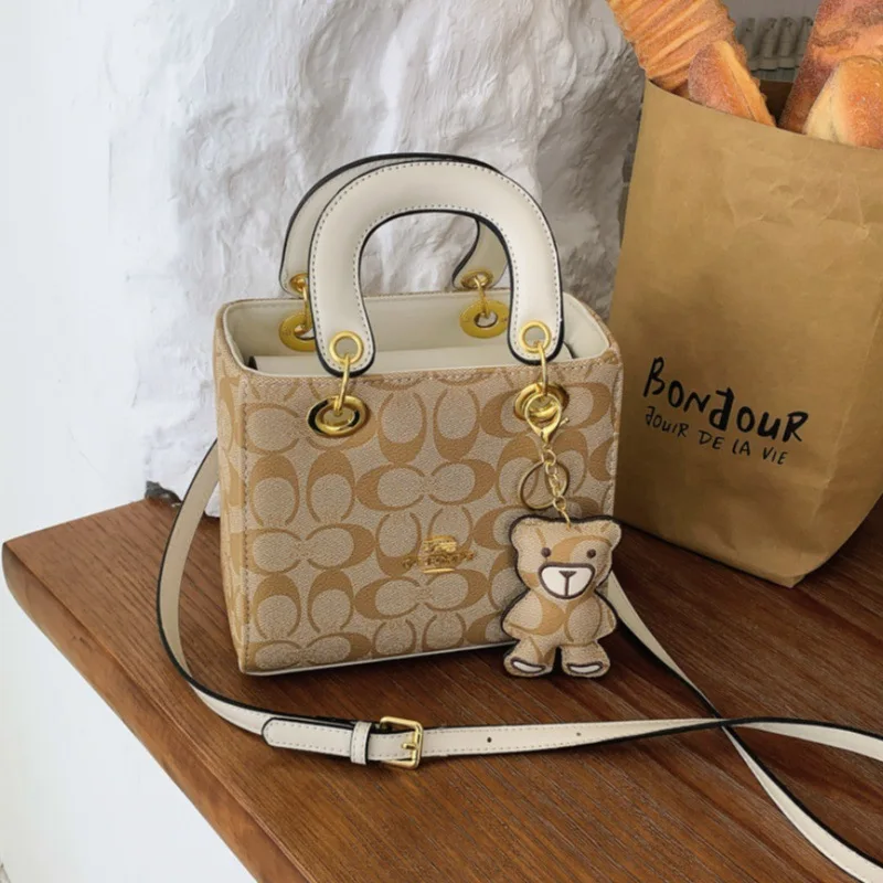 Dark Brown Vintage Print 2-Way Boxy Handbag Structured Durable Match Office Workers Daily Grocery Casual Trip