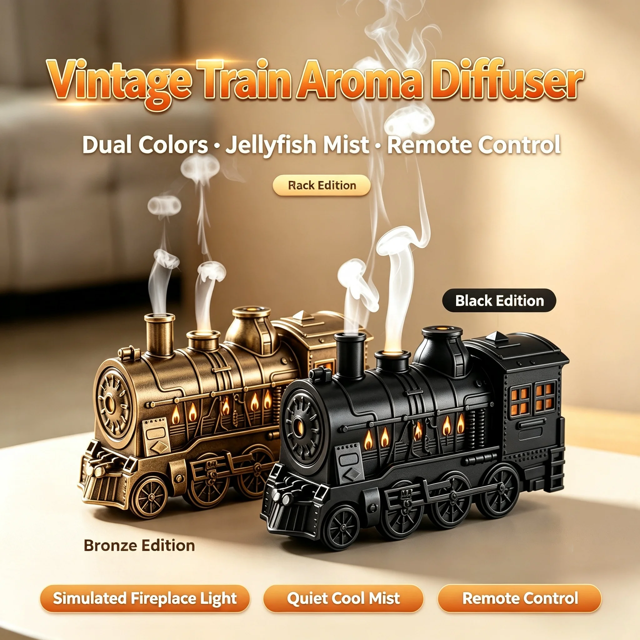 Vintage Train Essential Oil Aroma Diffuser Jellyfish Mist With Remote Control LED Ambient Light Quiet Cool Mist For Bedroom Home
