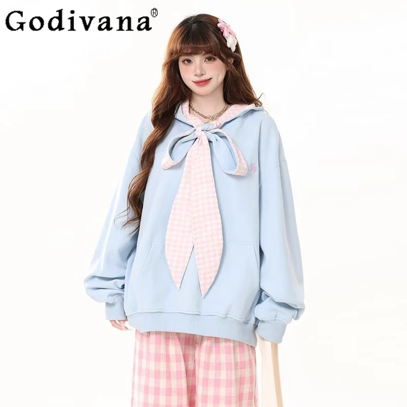 

Plus Size 2XL-6XL Apricot Simple Hooded Sweater Girl Spring Autumn Loose Plaid Splicing Fashion Versatile Long Sleeve Pullover