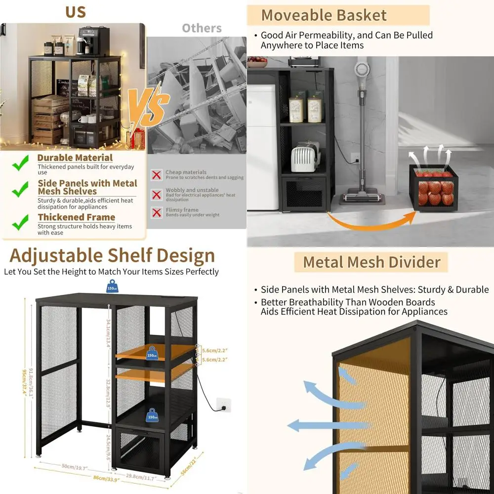

Black Compact Kitchen Storage with Power, Drawers, and Adjustable Shelves for Home, Dining, Dorm