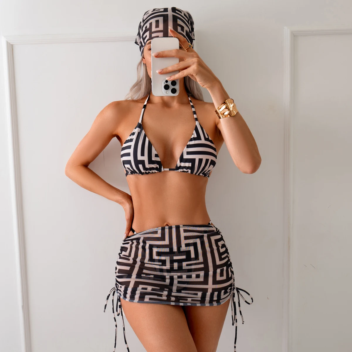 

Sexy Bikini Set Women's Halter Bra Skirt Thong 3 Piece Printed Swimsuit Set Comes with Hijab Black and White
