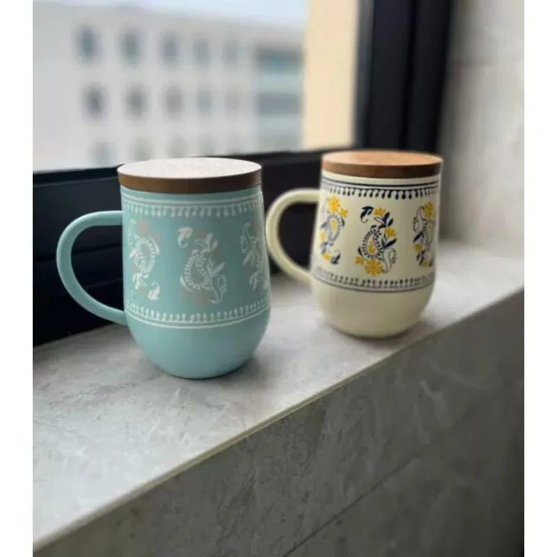 Embroidery drawing 350ml stainless steel thermal insulation cold insulation mug with lid water cup Japanese style (lid wood)