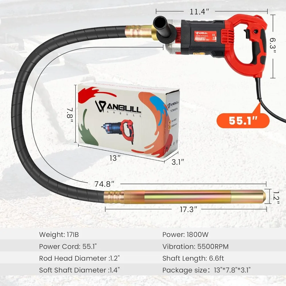 هزاز خرسانة 1800 وات 110 فولت، 2 متر هزاز كهربائي محمول 5500 دورة في الدقيقة، شاكر زجاجة 35 مم، قلم رصاص محمول أسمنتي فيبرار