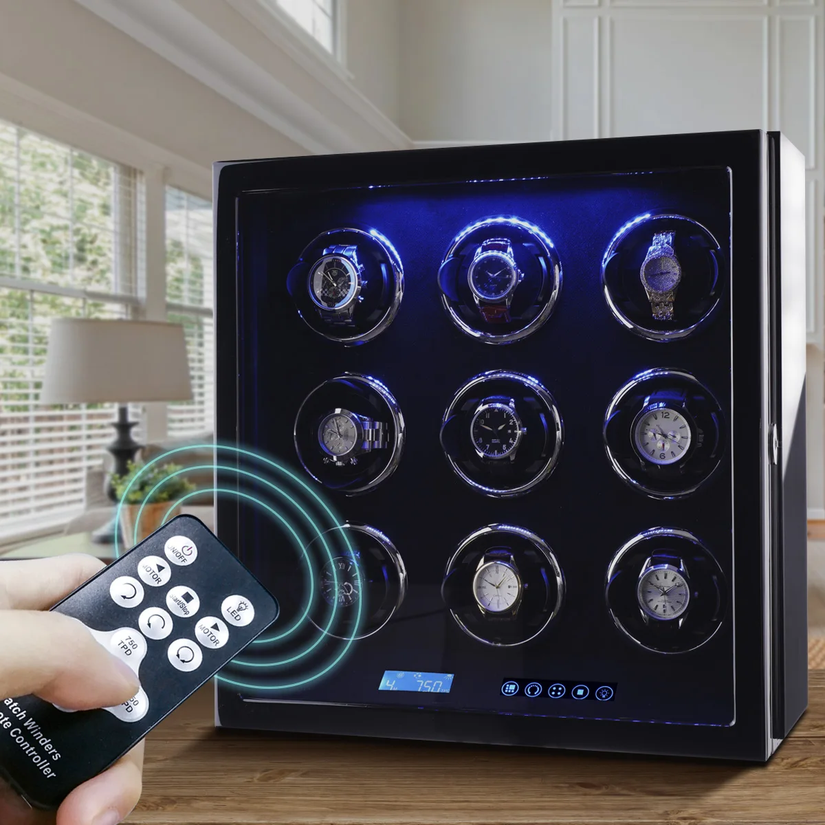 Custom Wholesale Factory Wholesale LCD Touch Screen Watch Boxes Automatic LED Light Wooden 9 Watch Winder Spinner