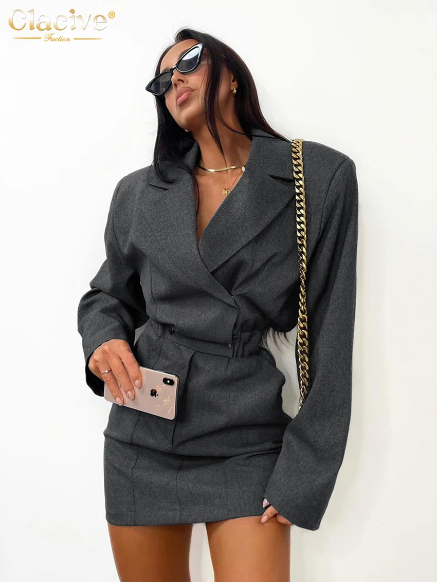 Clacive Fashion Loose Gray Office 2 Piece Sets Women Outfit 2025 Elegant Long Sleeve Shirt With High Waist Mini Skirt Set Female