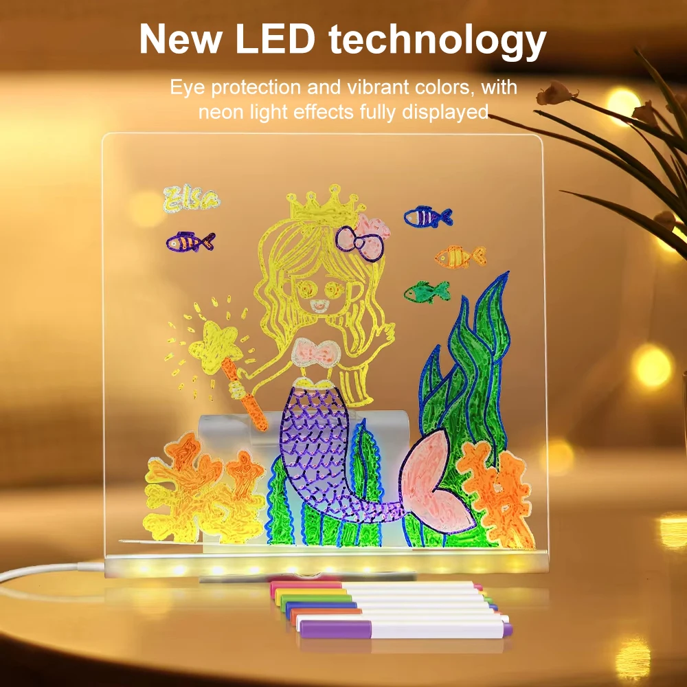 LED Acrylic Table Lamp Note Board Message Board Night Light with 7 Colors Pen Erasable Drawing Board USB Desk Light Home Decor