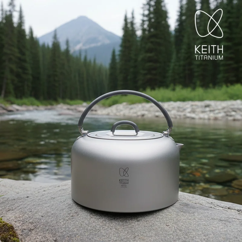 KEITH 1L Pure Titanium Kettle with Folding Handle, Lightweight Portable Coffee Tea Pot for Outdoor Camping Hiking Picnic