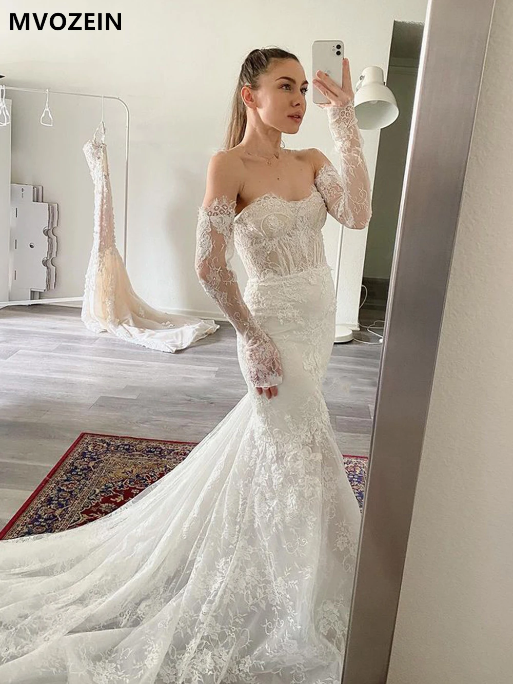 MVOZEIN レースマーメイドウェディングドレス恋人パールビーズ花嫁ドレスコートトレインウェディングパーティードレスウェディングドレス