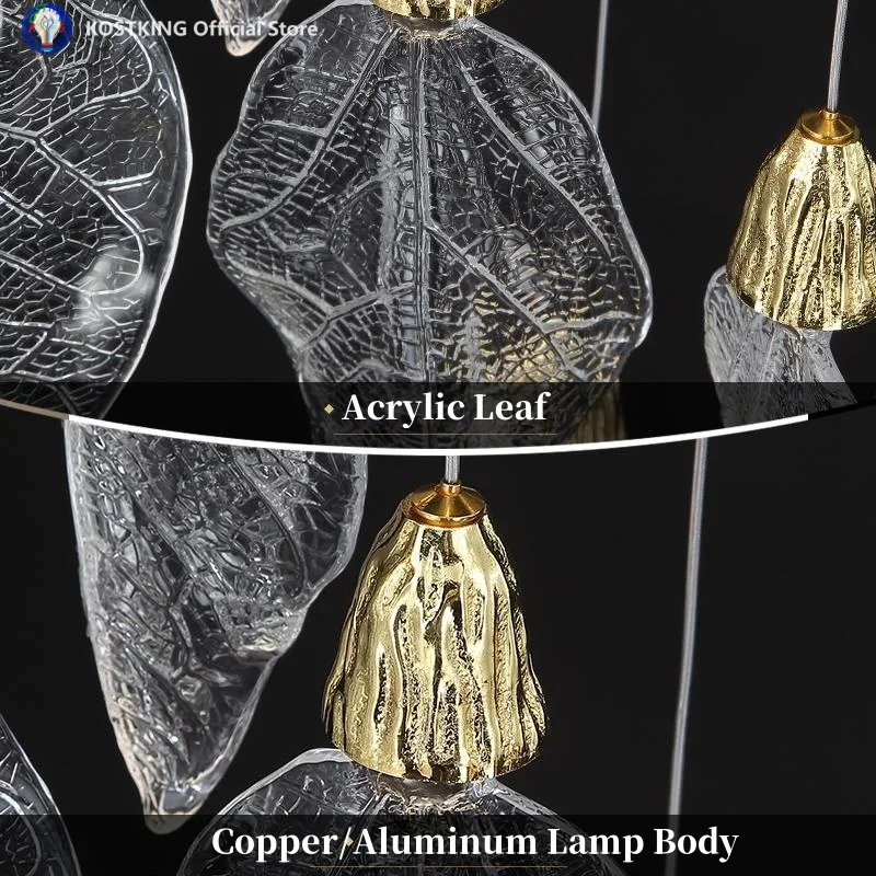 Decorative Modern Acrylic Leaf LED Chandelier For Staircase Living Room Bedroom Home Interior Lighting Hanging Lamp