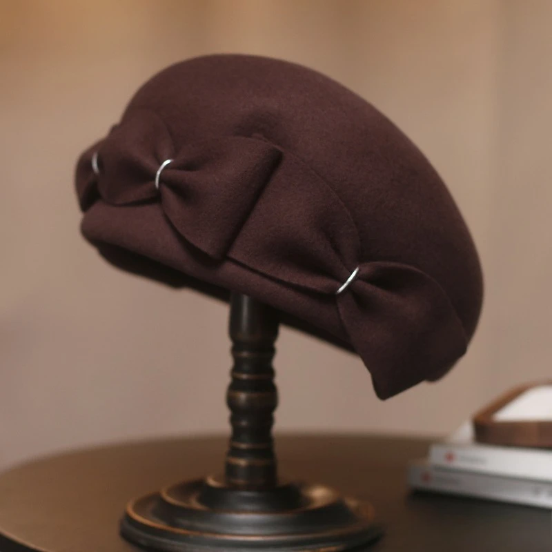 Herbst- und Winter-Baskenmütze aus reiner Wolle in Uni-Farben, elegante Schleife, Wollmütze im Retro-Stil, Kuppelform, Newsboy-Kappe für Damen – Detail 4