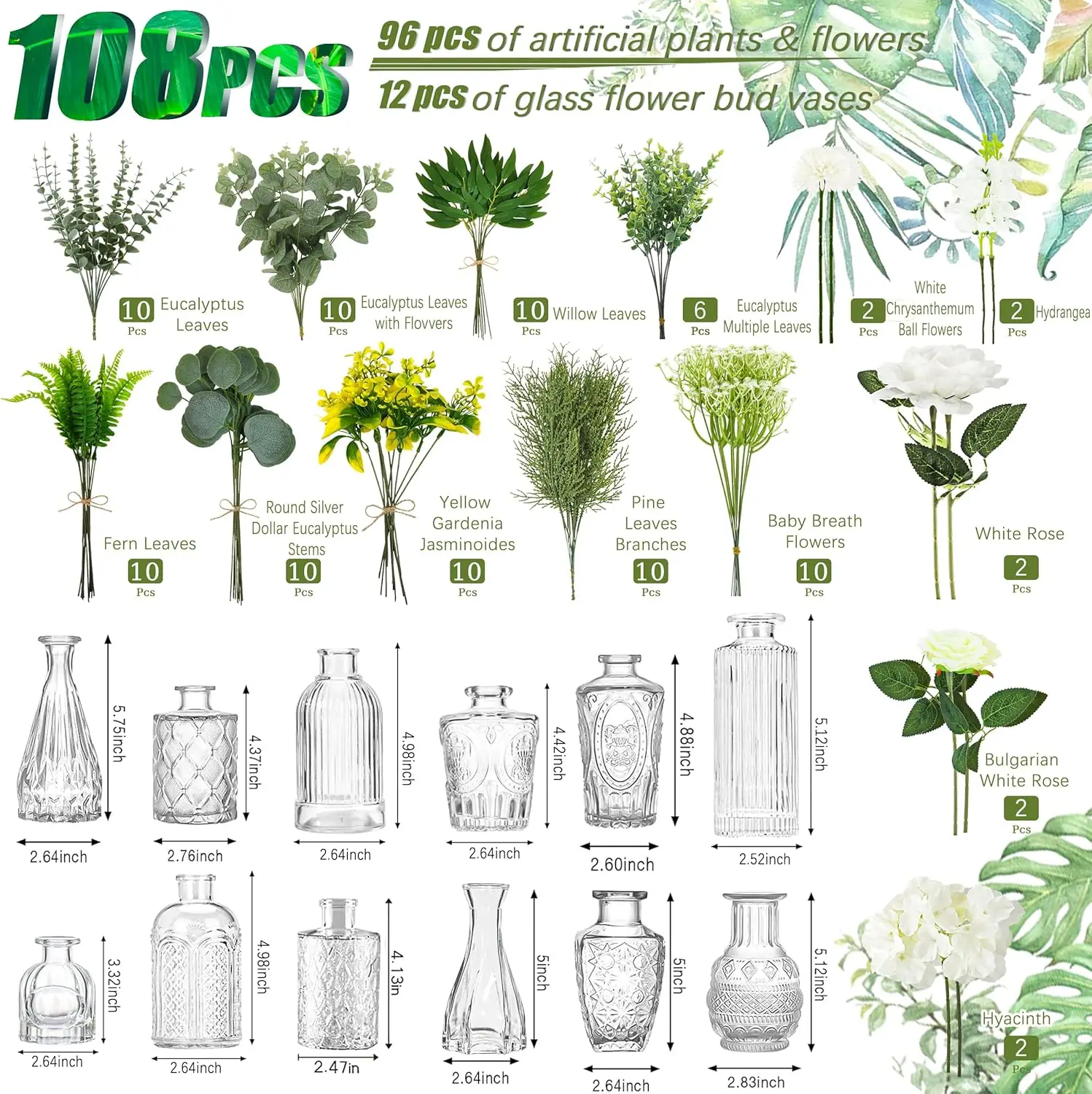 Artificial Flowers with Vases 108 Psc Fake Plants & Bud Vases Centerpieces Flowers DIY Set Suitable for Central Table Decoration