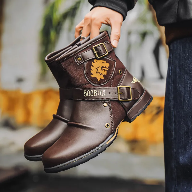

Luxury WInter Fashion Men's Shoes Boots Warm Leather Vintage Motorcycle Male Boot Riding Retro 2025 Metal Style Zippers Men Shoe