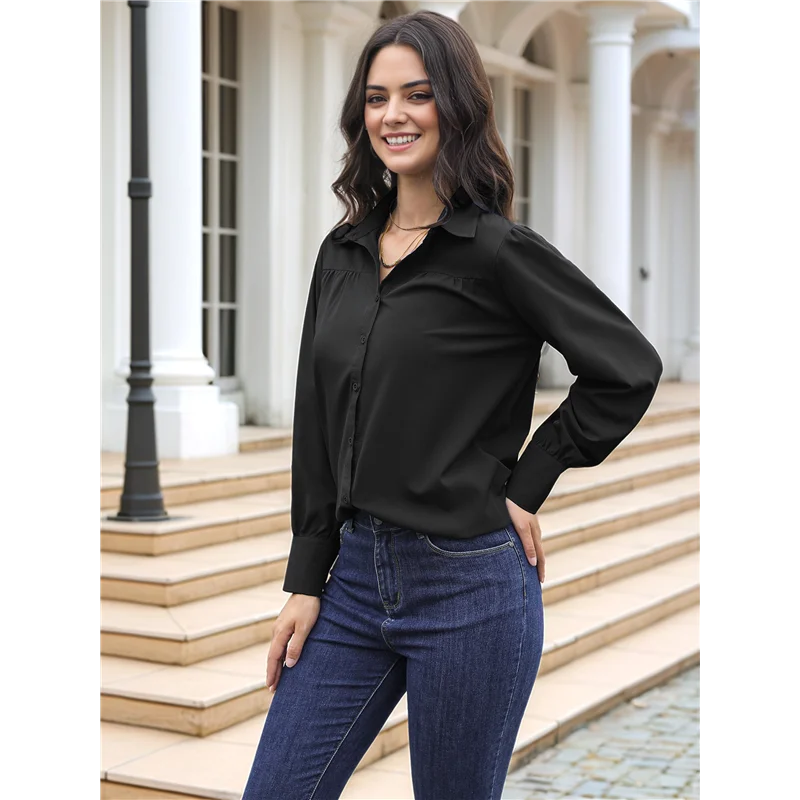 

Womens Long Sleeve Dressy Casual Button Down Collared Tops Elegant Pleated Front Work Blouse