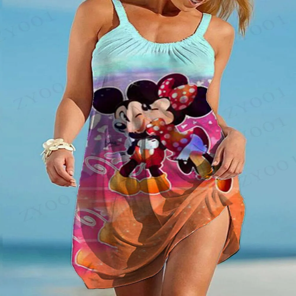 Disney Minnie en Mickey patroon bedrukte zomerstrandjurken voor dames, comfortabele lichtgewicht vrouwelijke knielange rok