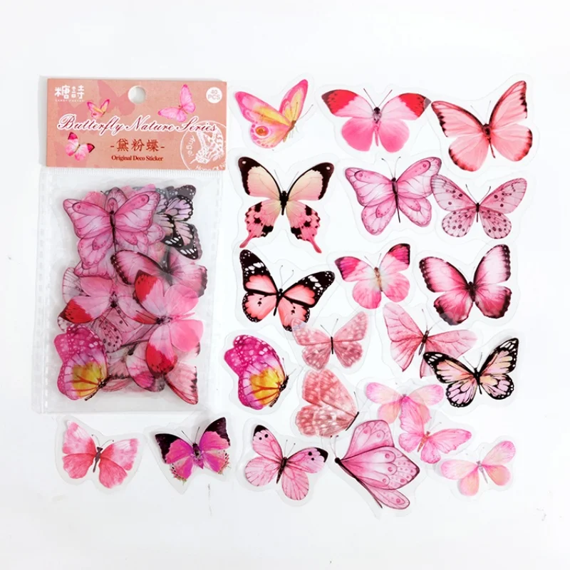 40 stuks kleurrijke vlinderstickers van PET, voor doe-het-zelfdecoratie, geschikt voor dagboeken, scrapbooks en albums.