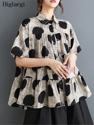 Oversized Chiffon Polka Dot Print Summer Tops Women Loose Ruffle Casual Fashion Pleated Ladies Blouses Short Sleeve Woman Tops