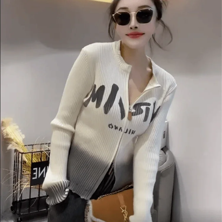 

Женская одежда, весенне-осенняя модная офисная женская простая молния, однотонные женские топы с круглым вырезом и длинными рукавами с надписью