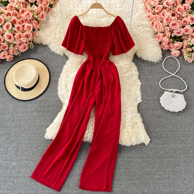 

Summer Women's Waist Shrinking Slim Jumpsuit Pants Square Neck Pleated High Waist Slim Straight Leg Wide Leg Jumpsuit Pants