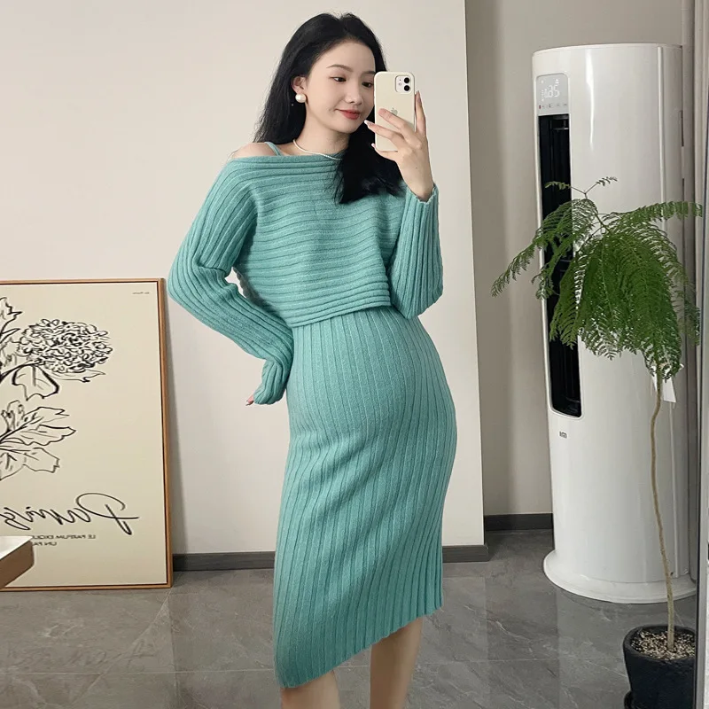 Maternity 2 Piece Set Autumn Winter Women Sleeveless Maternity Sweater Dress Long Sleeve Crop Top Sweater Knitted Pregnant Suit