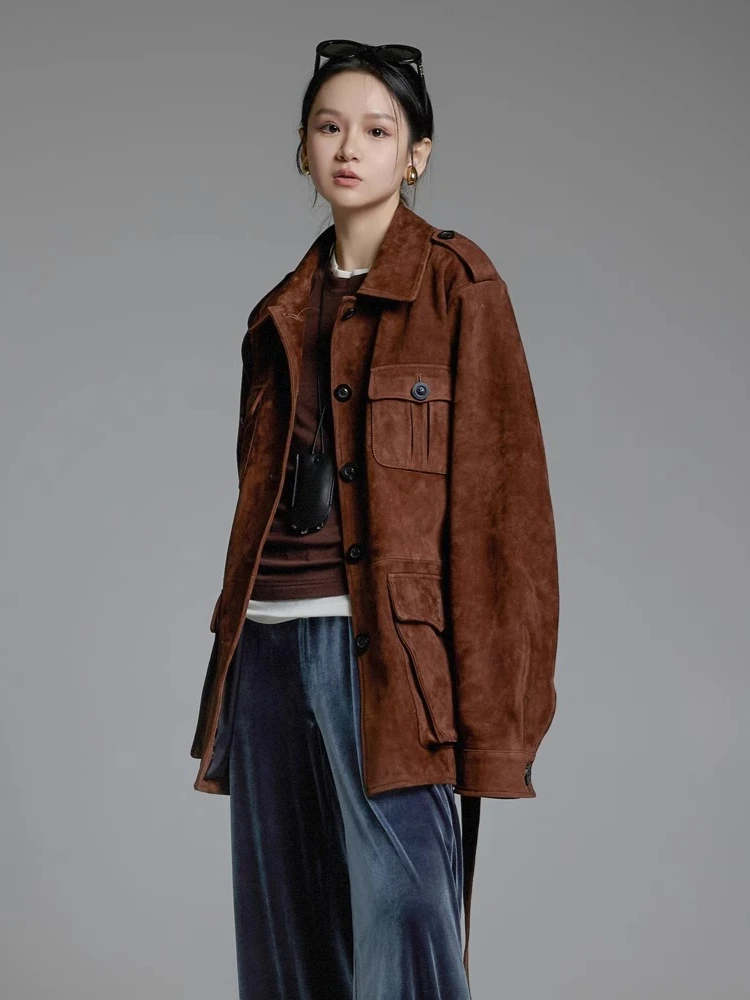 Vintage Mid-length Genuine Leather Cargo Jackets for Women Autumn Winter High-end Simple Real Sheepskin Suede Coat with Belt