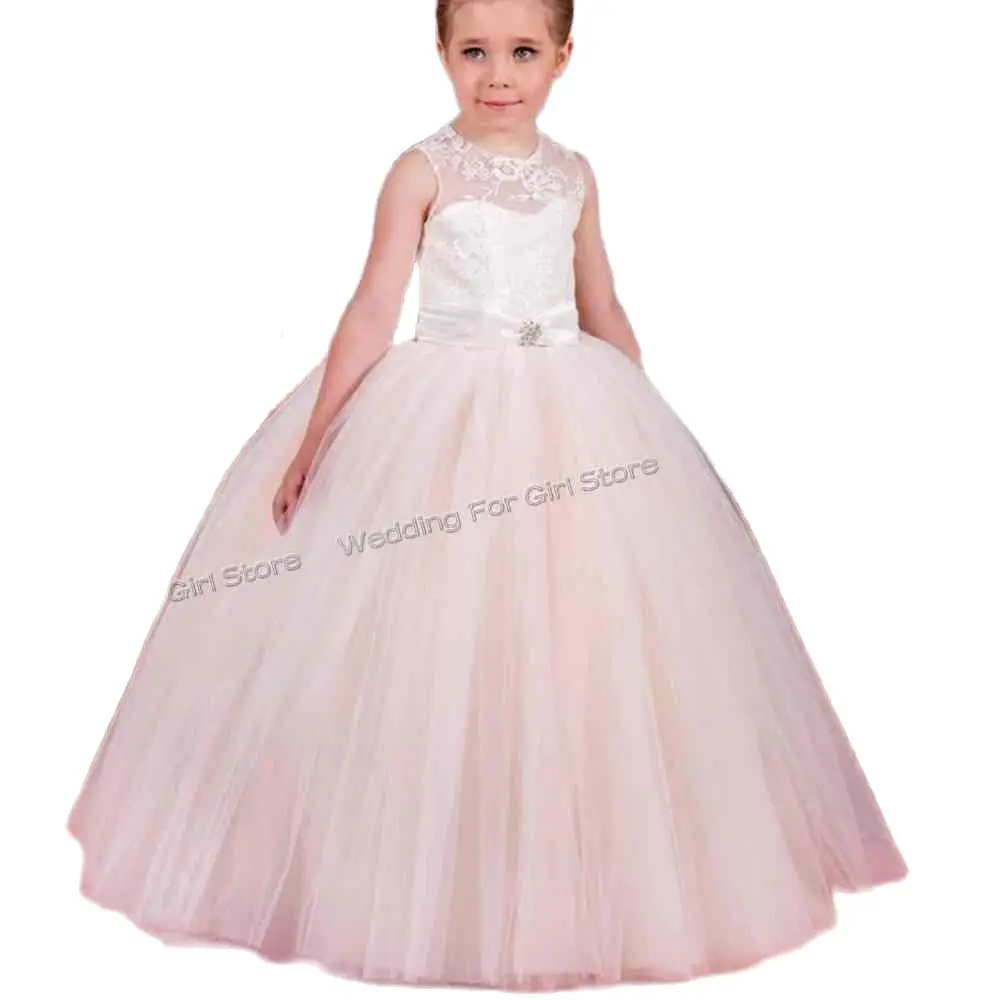 

Simple Flower Girl Dresses Tulle Lace Floral Appliques Sleeveless For Wedding Prom Party Pageant Gowns