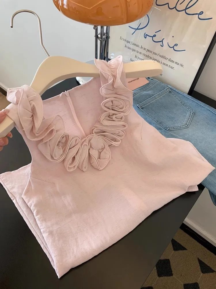 Rosa Spitzenbesatz V-Ne Loose Svel Weste Top Damen Sommer Faionable Age-Defng Ele Sle Lässige bequeme Bluse