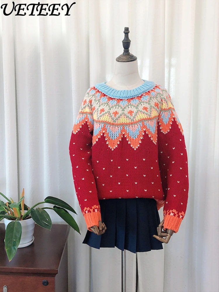 

Autumn and Winter Handmade Knitting Needle Woven Red Bottoming Sweater Retro Mori Style Round Neck Knitted Pullover for Women