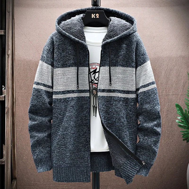 2024 Autumn Winter Fleece Warm Men Hooded Cardigan Knitted Sweatercoat Casual Splicing Color Knitting Jacket Coat Men Clothing