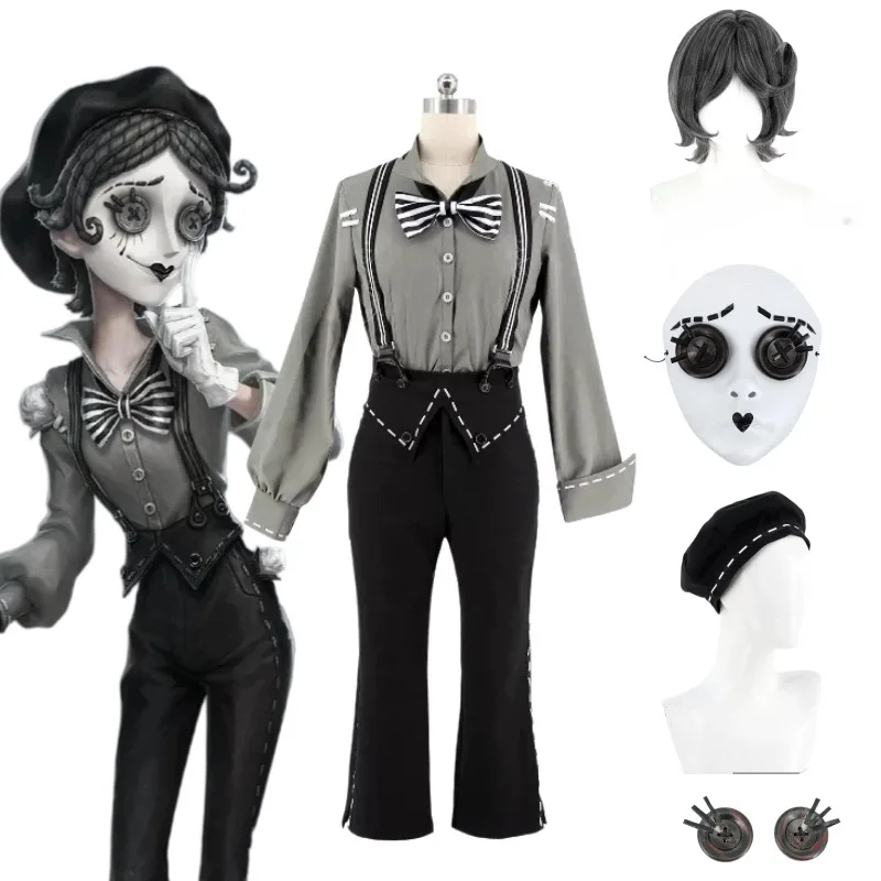 Costume de cosplay d'artiste mime Identity Ⅴ, uniforme de scène gothique, perruque, masque, ensemble pour femmes et hommes, fête d'Halloween