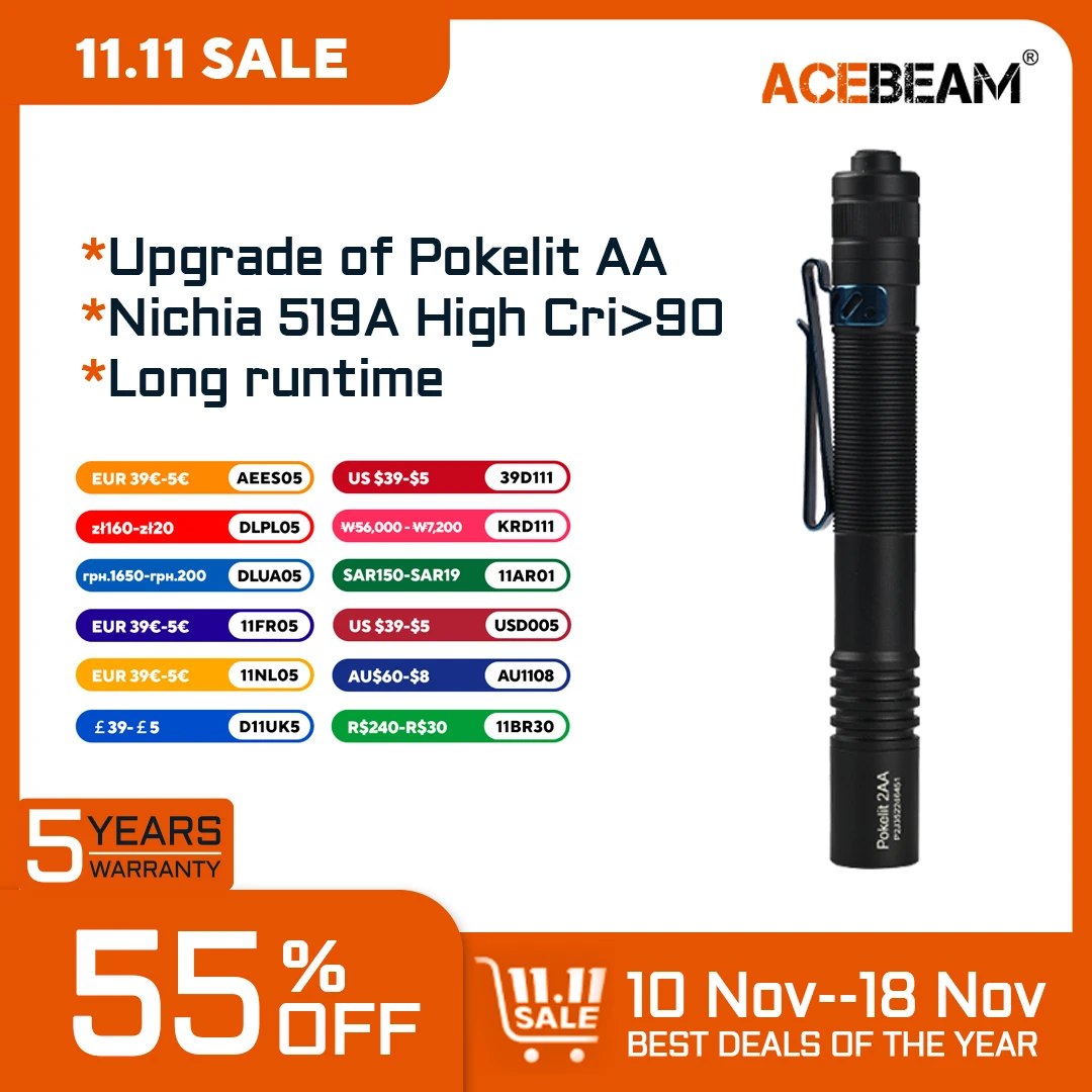 ACEBEAM Pokelit 2AA 600 High Lumens LED Flashlight, 519A LED Portable EDC AA Flashlight, 90+ High CRI Pocket Pen Light