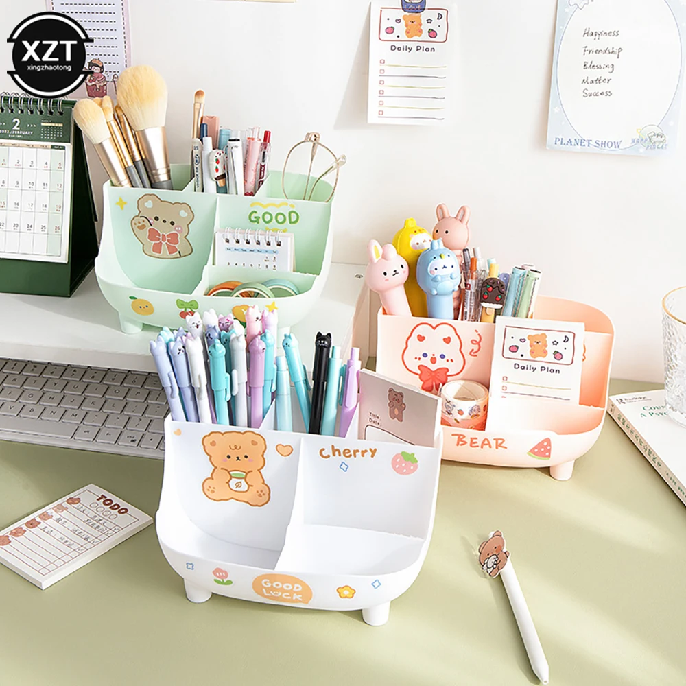 Creative พลาสติก Desktop Organizer ผู้ถือปากกาโต๊ะมัลติฟังก์ชั่นแต่งหน้าดินสอจัดเก็บกล่องโรงเรียนเครื่องเขียน Office