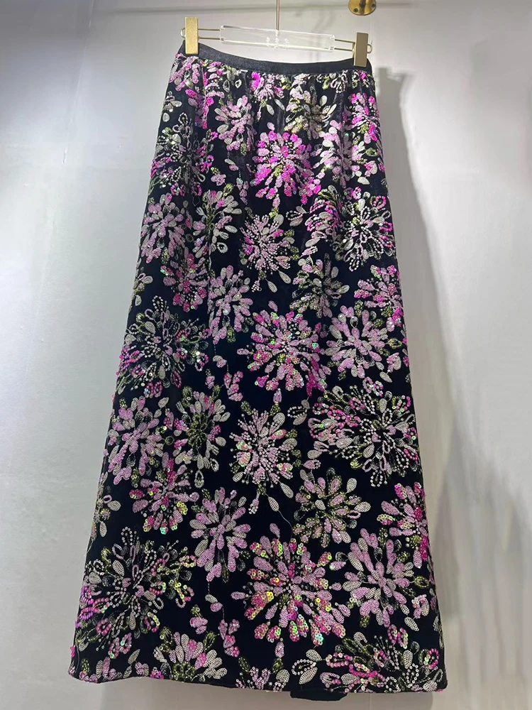디자이너 스타일 레트로 스팽글 자수 화려한 꽃무늬 하이웨이스트 스커트 2025 가을 여성 패션 다용도 A라인 스커트