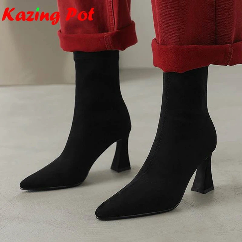 Flock Thick High Heels Pointed Toe Modern Fashion Boots Keep Warm Winter Autumn Shoes Slip On Brand Women Elastic Ankle Boots