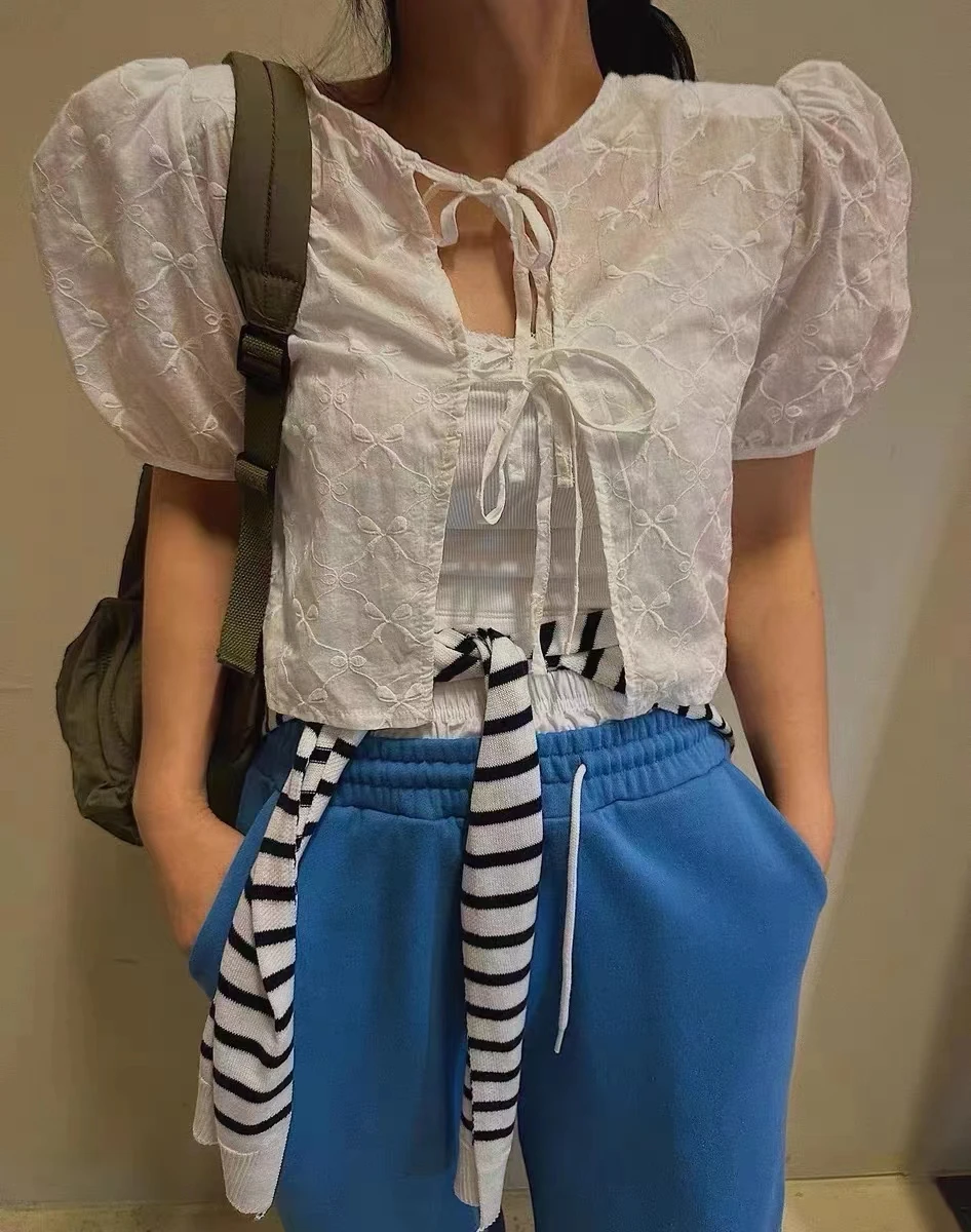 Ele ปักโบว์ Bubble Sve irt ผู้หญิงบาง Hollow out อินเทรนด์ผ้าฝ้าย ort Sve รอบ Ne